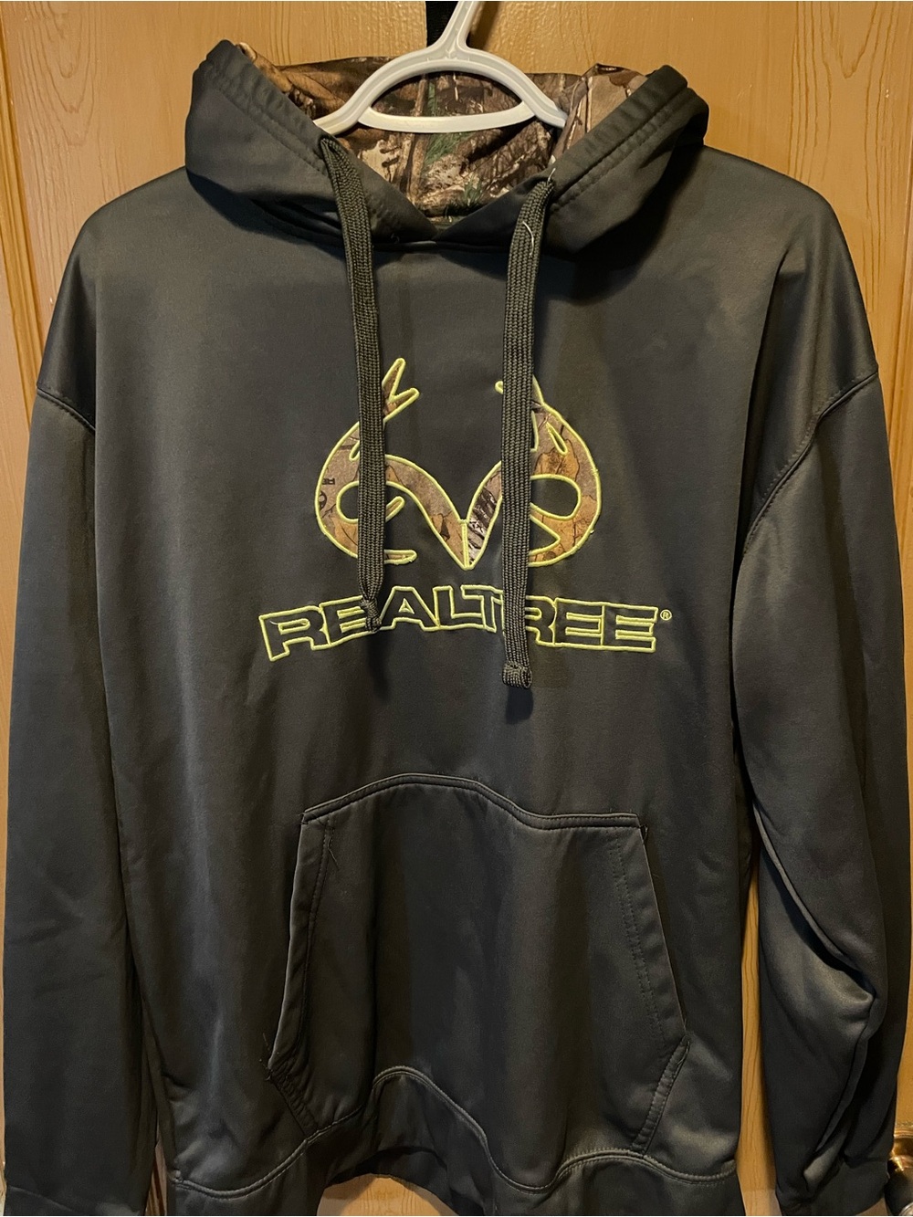 Realtree Dark Grey Hoodie with Camo Logo and Lime Outline